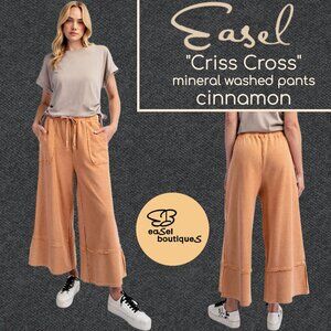 EASEL "Criss Cross" Mineral Washed Cotton Raw Seams Cropped Flared Pants Pockets